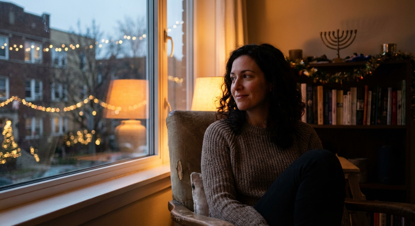 אישה ישראלית יושבת ליד חלון בערב חג, אורות חגיגיים בחוץ, מבט מהורהר, תאורה רכה