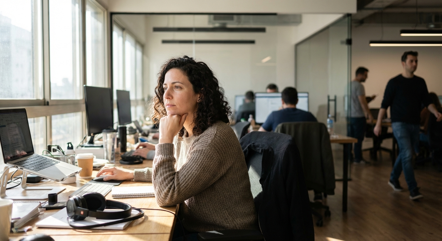 אישה ישראלית צעירה יושבת במשרד מודרני עם מבט מהורהר, אור טבעי מחלון
