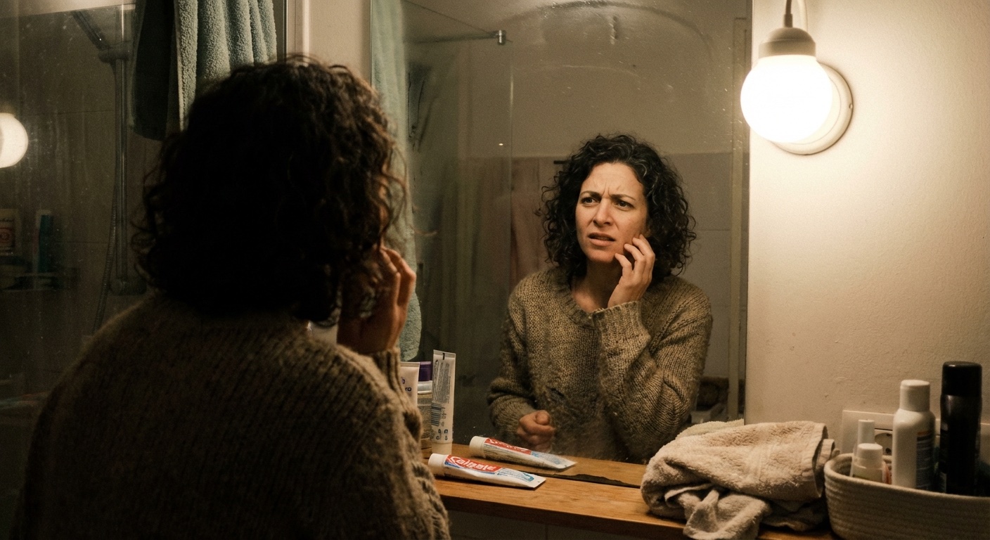אישה ישראלית מסתכלת במראה עם הבעה מבולבלת, תאורה ביתית רכה, אווירה אינטימית