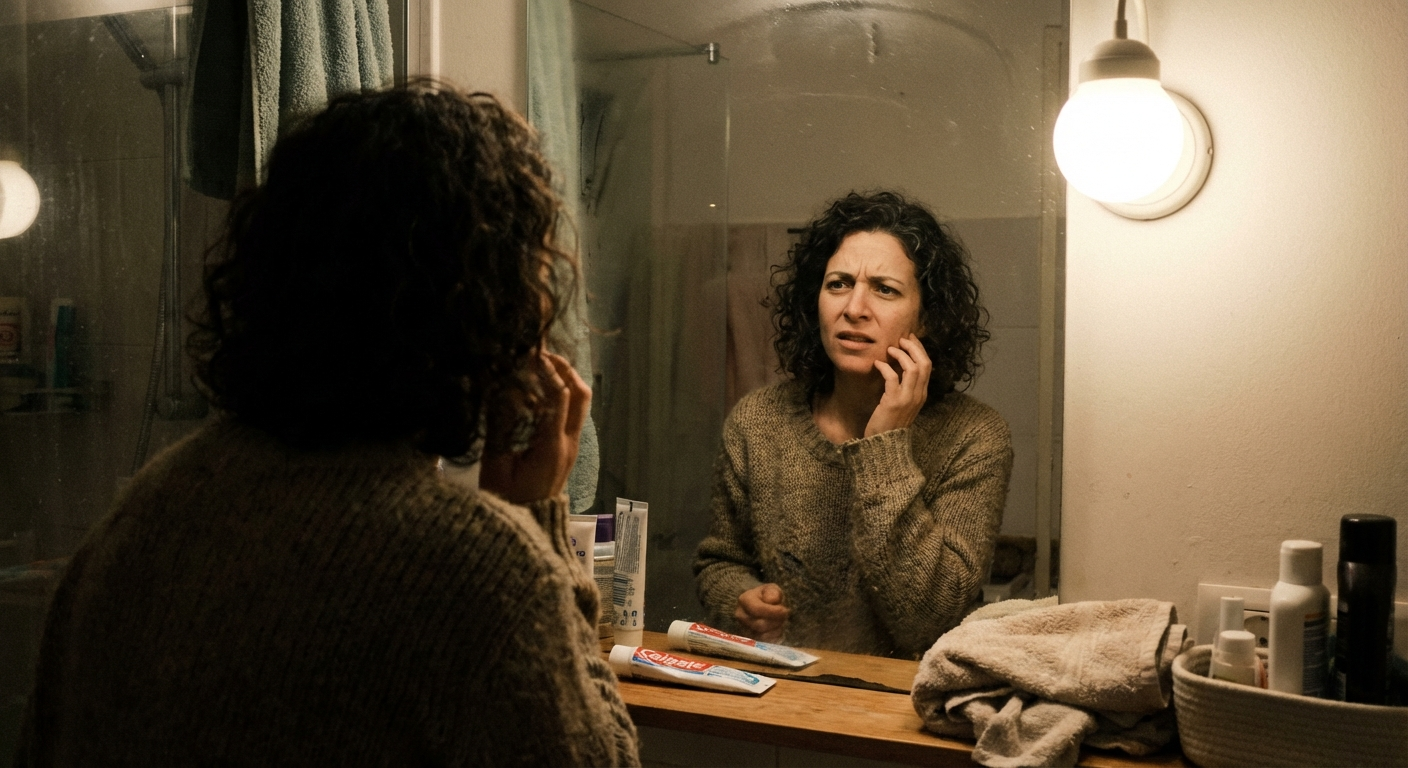 אישה ישראלית מסתכלת במראה עם הבעה מבולבלת, תאורה ביתית רכה, אווירה אינטימית