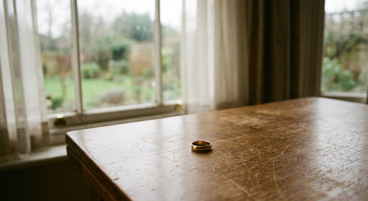 טבעת נישואין מונחת על שולחן ריק, אור חלון רך, תחושת סיום ופתיחה