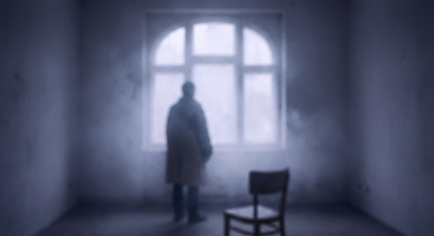צללית מטושטשת של אדם עומד מול חלון, תחושת ניתוק, תאורה קרירה ואווירית