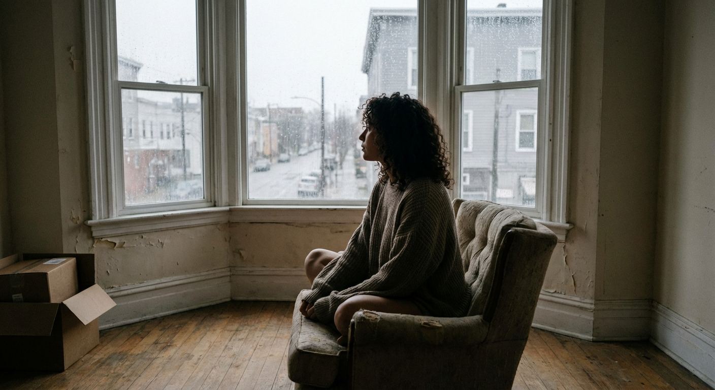 אישה ישראלית יושבת לבד בסלון ריק, מביטה מהחלון, אור אפרורי