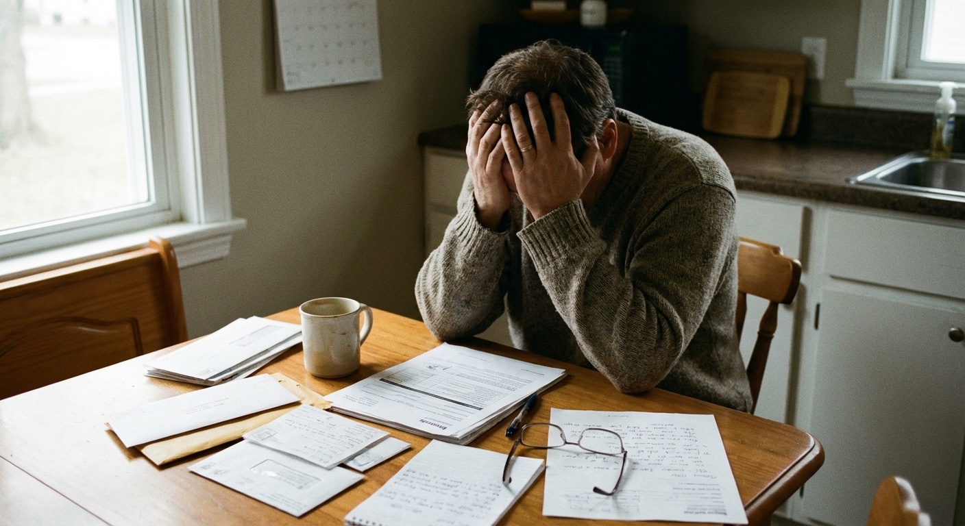 אדם יושב ליד שולחן עם ניירות וחשבונות, ראש מונח על ידיים, אור חלון רך