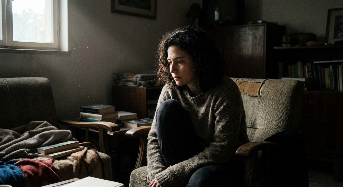 אישה ישראלית יושבת לבד בחדר חשוך עם מעט אור מחלון, מבט שקוע במחשבות