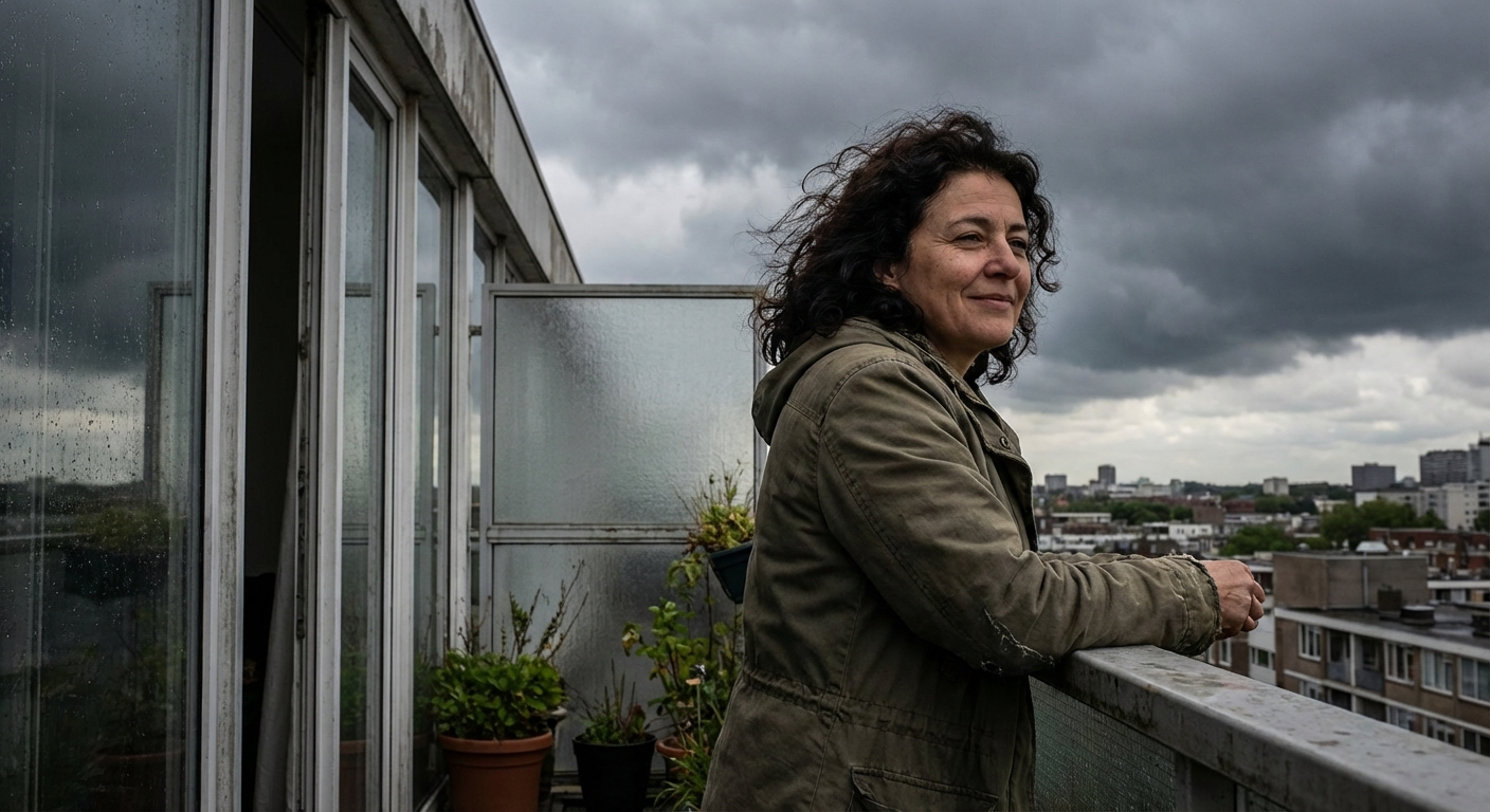 אישה ישראלית צעירה עומדת על מרפסת מביטה בשמיים סוערים, רגועה