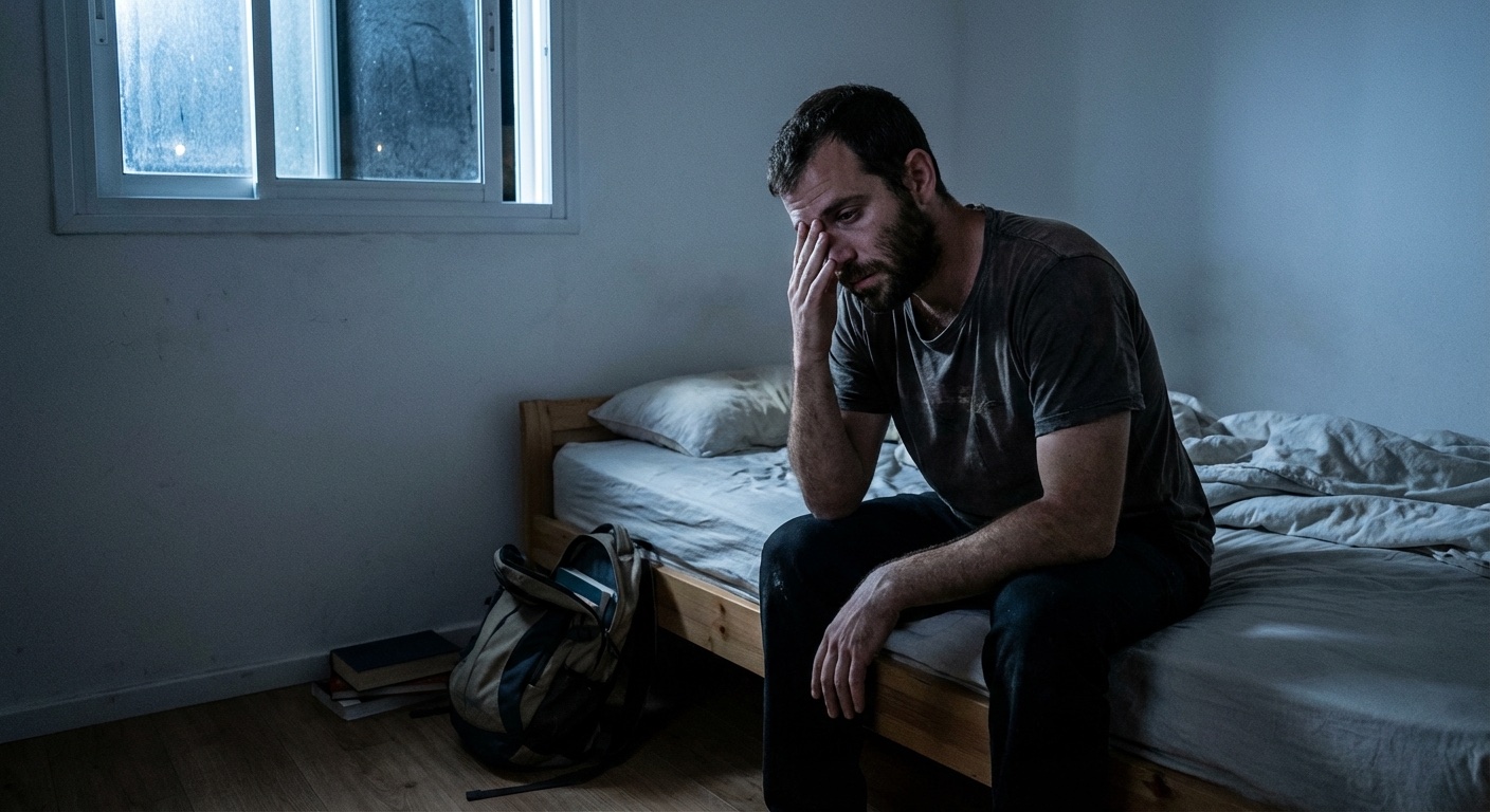 גבר ישראלי בשנות ה-30 יושב על מיטה בחושך, חלון עם אור ירח, מבט עייף ומודאג, חדר שינה ביתי