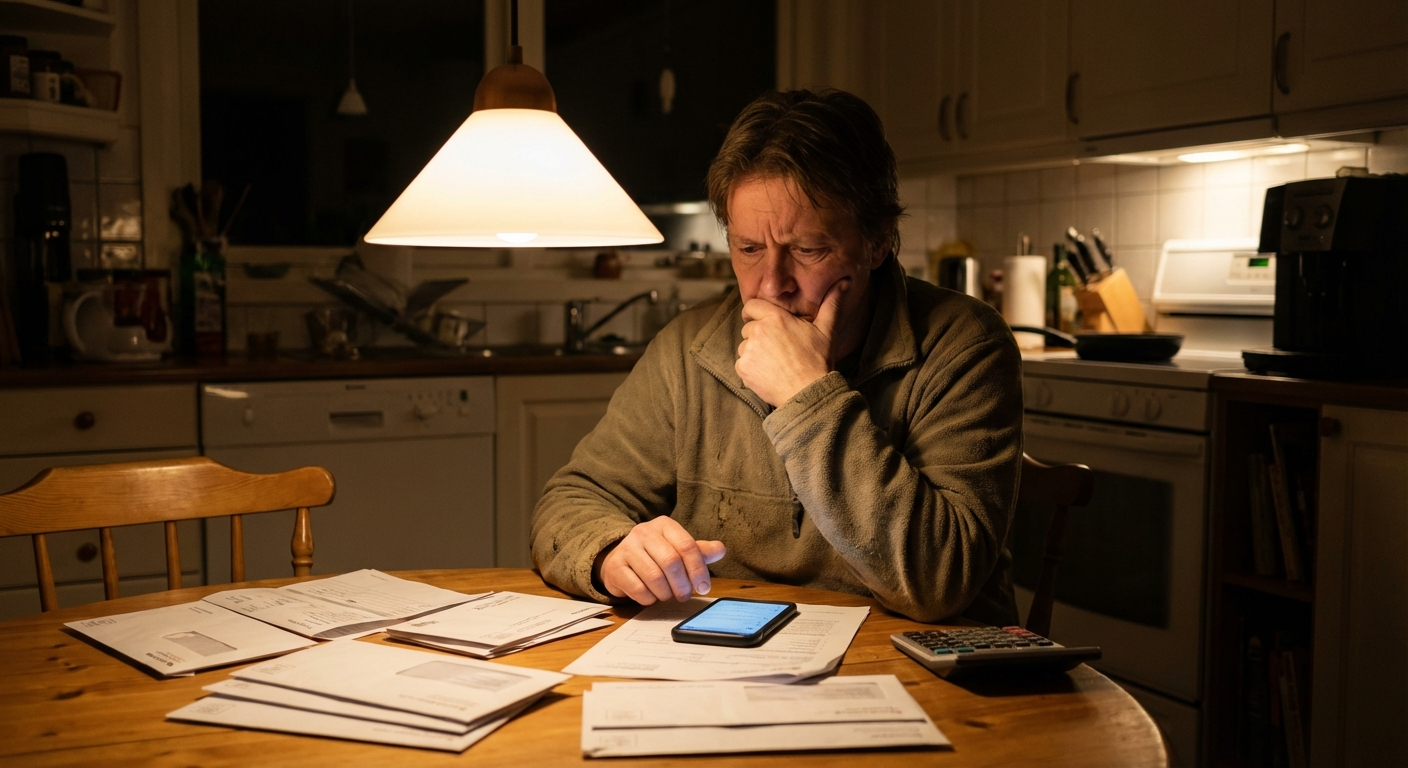 אדם יושב ליד שולחן מטבח עם חשבונות, מביט בדאגה על מסך טלפון, תאורה ביתית חמה