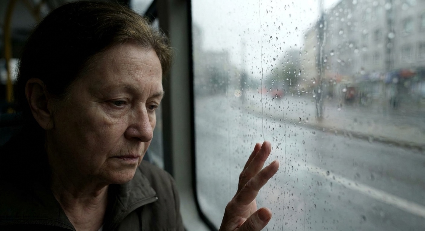 אדם מביט דרך חלון גשום, מהורהר ושקוע במחשבות על העבר