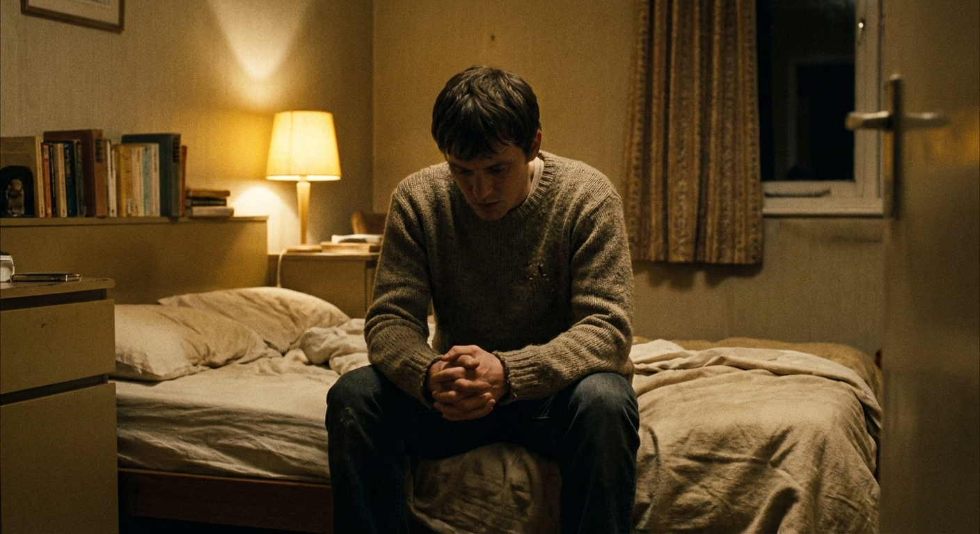 אדם יושב לבד על שפת מיטה, ידיים שלובות, תאורה עמומה