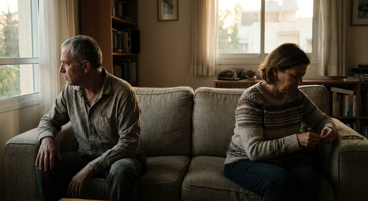 זוג ישראלי יושב על ספה עם מרחק ביניהם, שניהם מביטים לכיוונים שונים