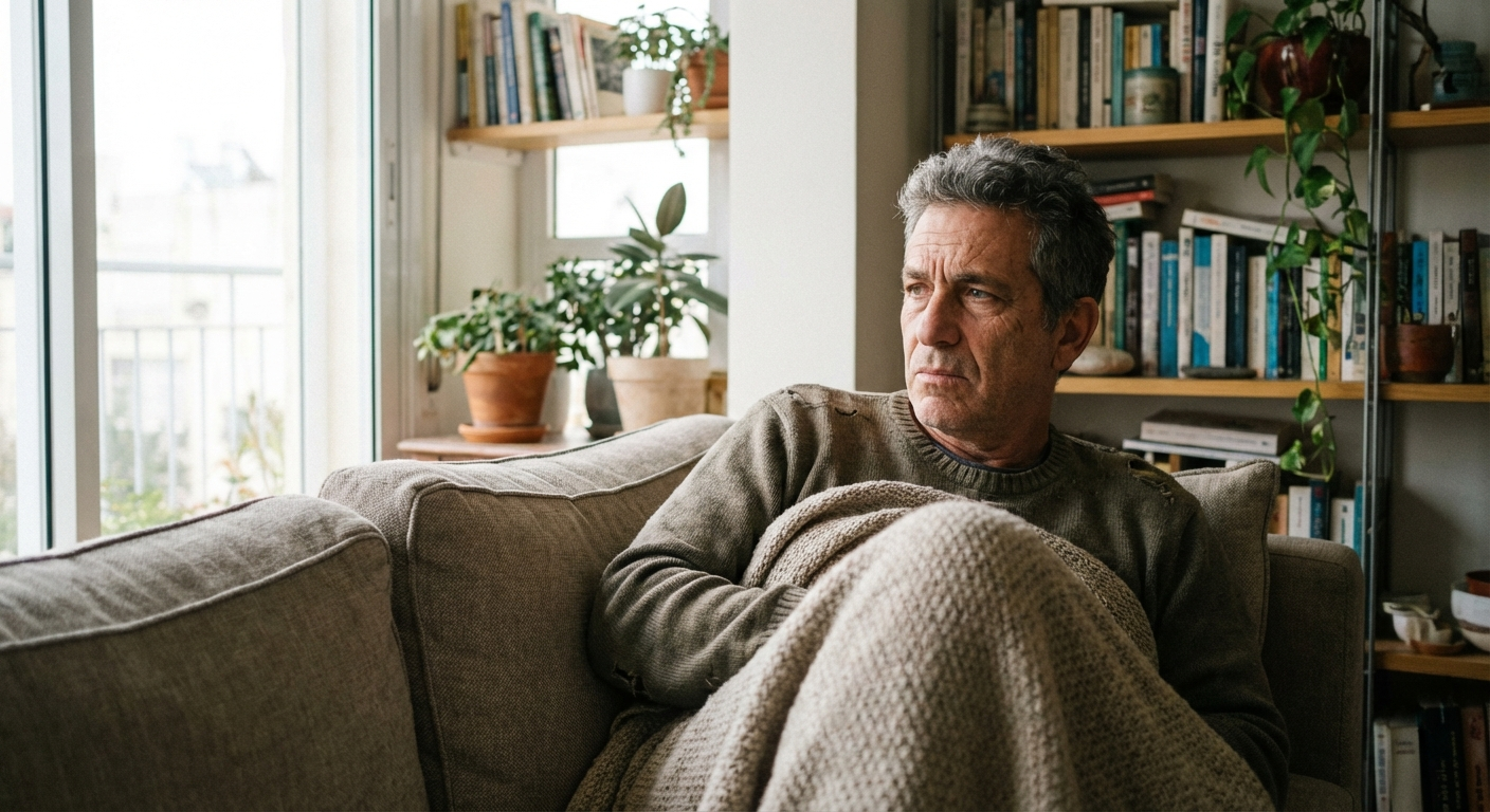 אדם יושב על ספה עם שמיכה, מבט מהורהר, אור יום רך חודר מהחלון