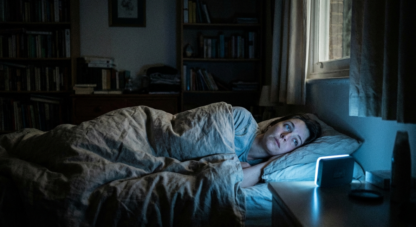 אדם שוכב במיטה בחושך, עיניים פקוחות, תאורת לילה עמומה