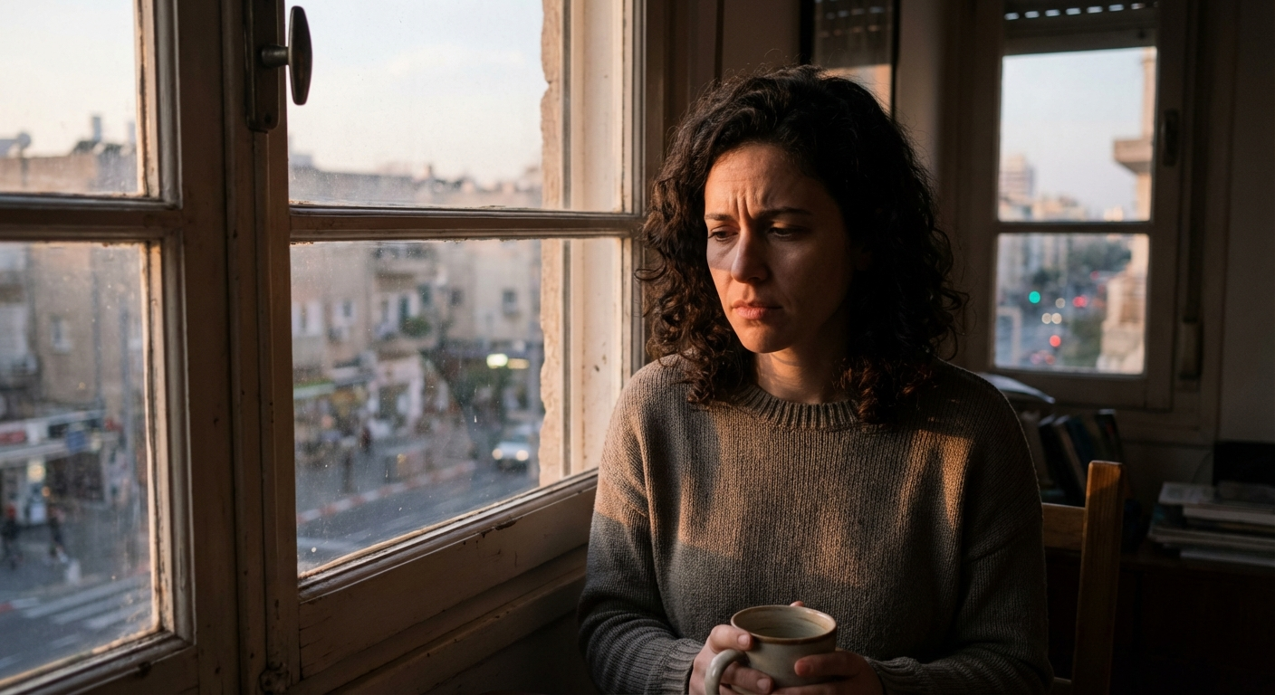 אישה ישראלית צעירה יושבת ליד חלון עם מבט מהורהר ומורכב, אור ערב רך