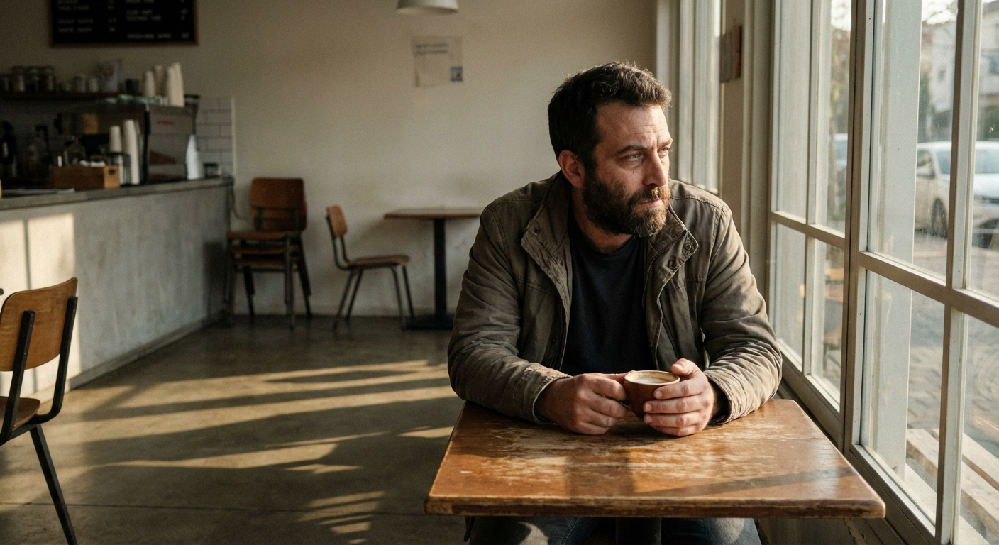 גבר ישראלי יושב בבית קפה ריק, מביט לחלל בעיניים עייפות, מחזיק כוס קפה, אור בוקר