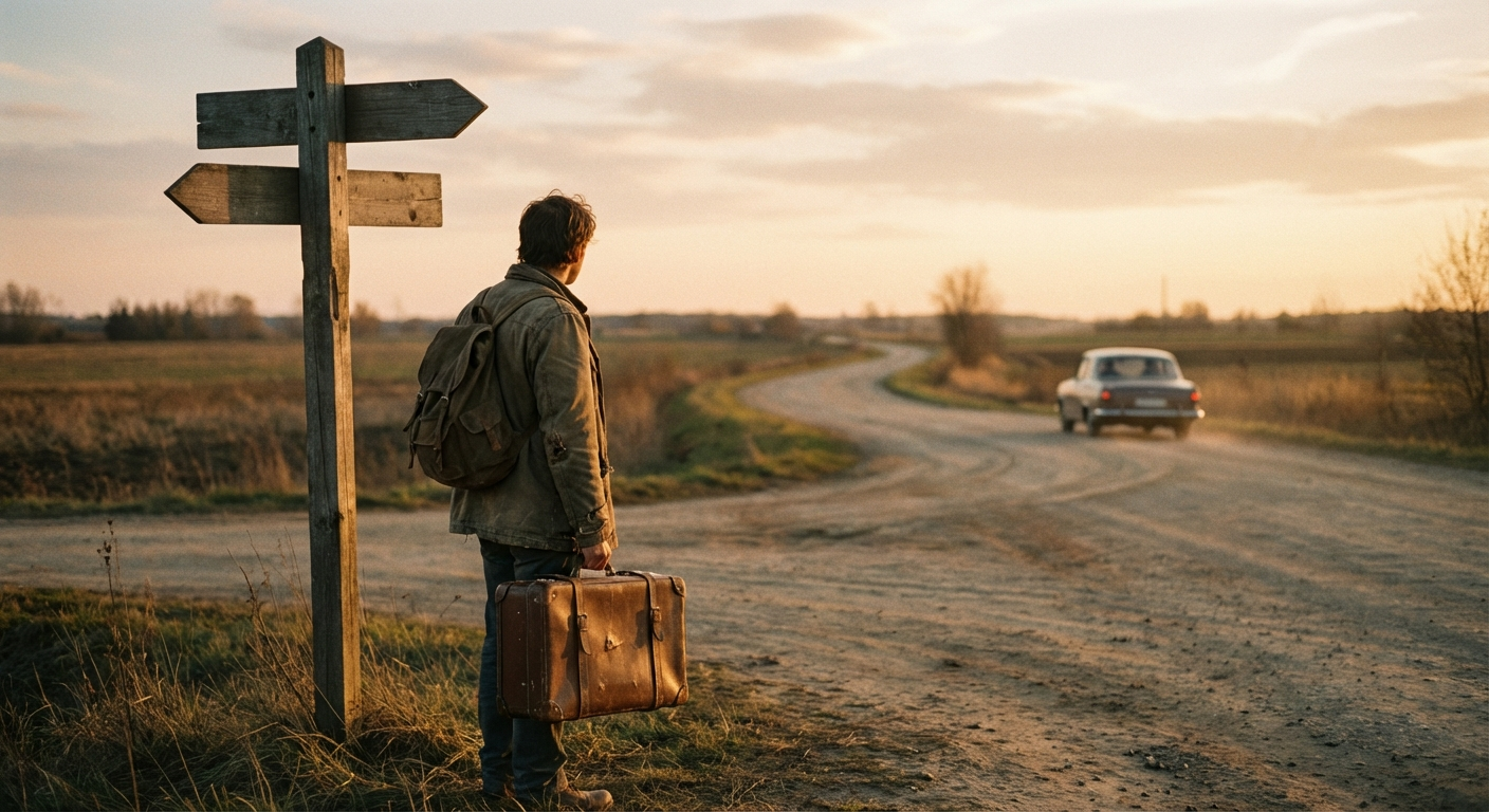 אדם עומד בצומת דרכים עם מזוודה, מביט לכיוונים שונים, אור רך של שקיעה