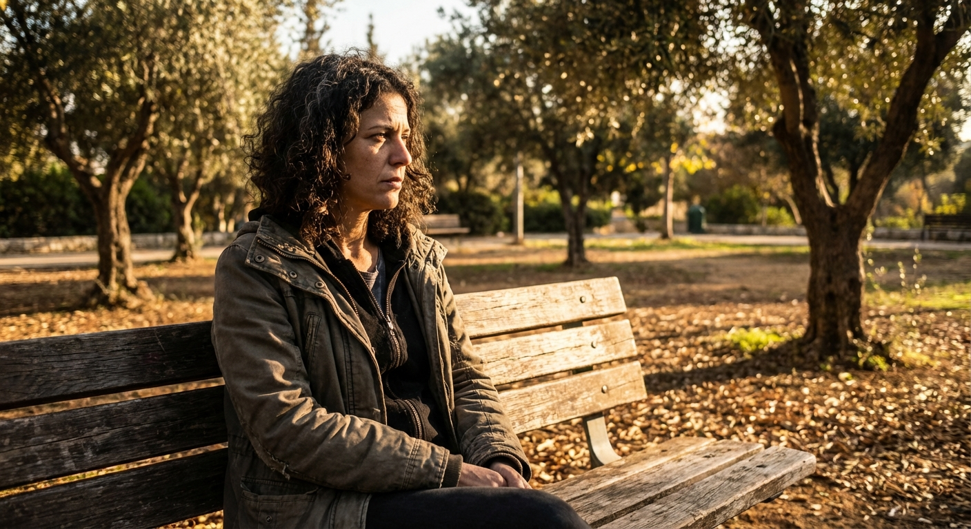 אישה ישראלית יושבת לבד על ספסל בפארק, מבט נפגע ומהורהר, תאורת שעת הזהב