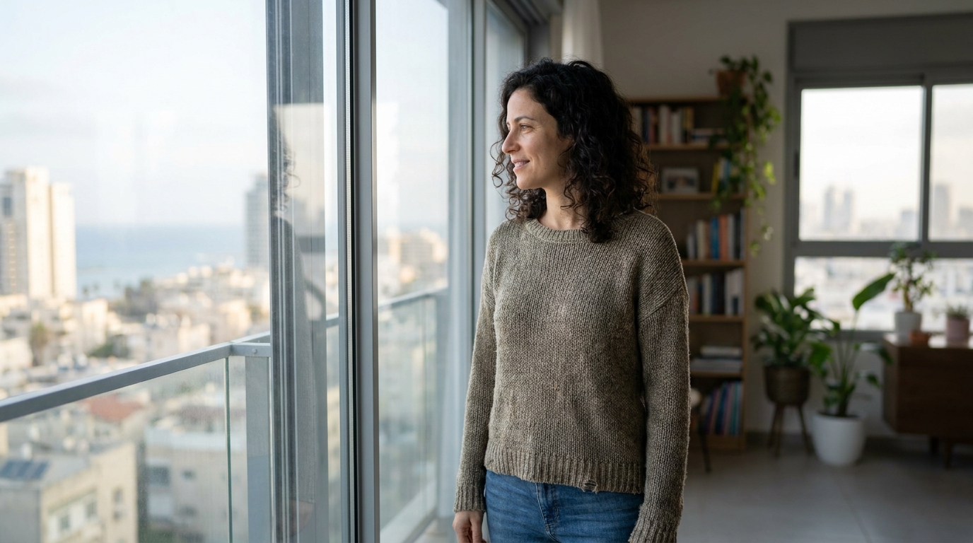 אדם עומד מול חלון ומביט החוצה במחשבות, אור בוקר רך