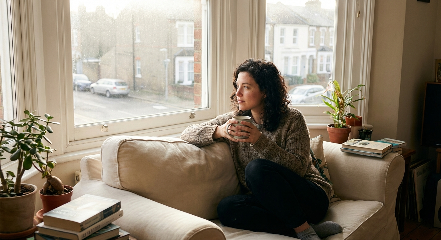 אישה ישראלית צעירה יושבת לבד בסלון מואר עם כוס תה, מביטה החוצה בשקט