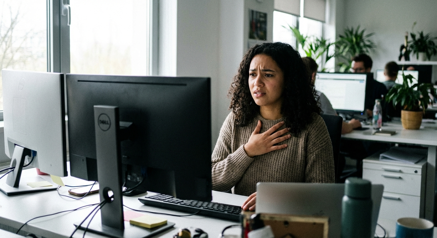 אישה ישראלית צעירה מחזיקה את החזה שלה בעבודה, הבעת פנים מודאגת, סביבה משרדית