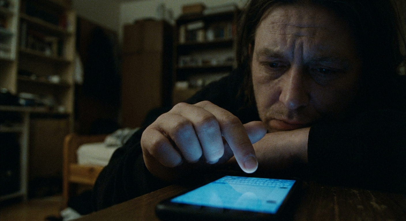 יד מחזיקה טלפון בחושך עם אור מסך על הפנים, תחושת לכידות