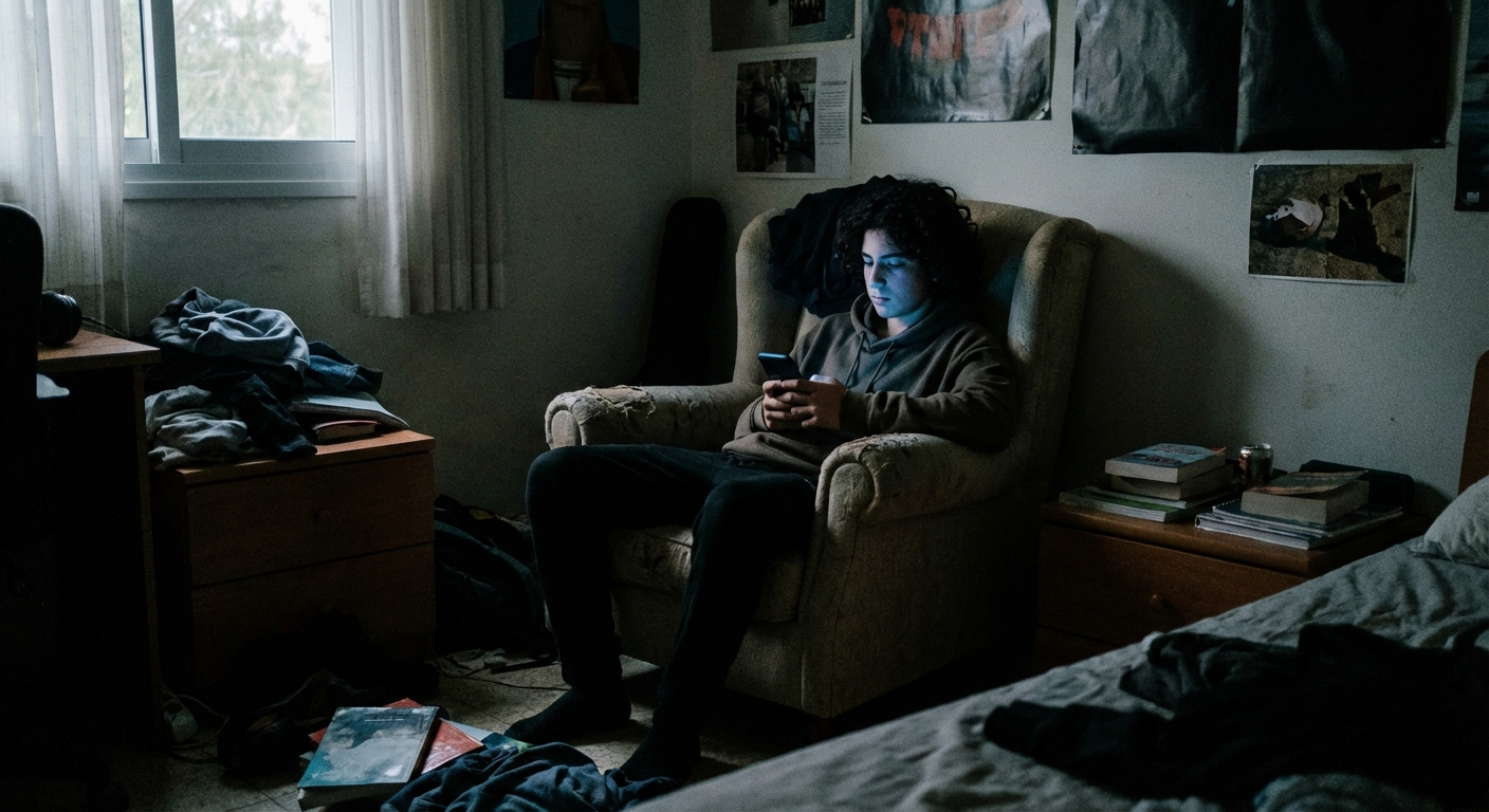 מתבגר ישראלי יושב בחדרו עם טלפון, אור מסך על הפנים, חדר חשוך למחצה