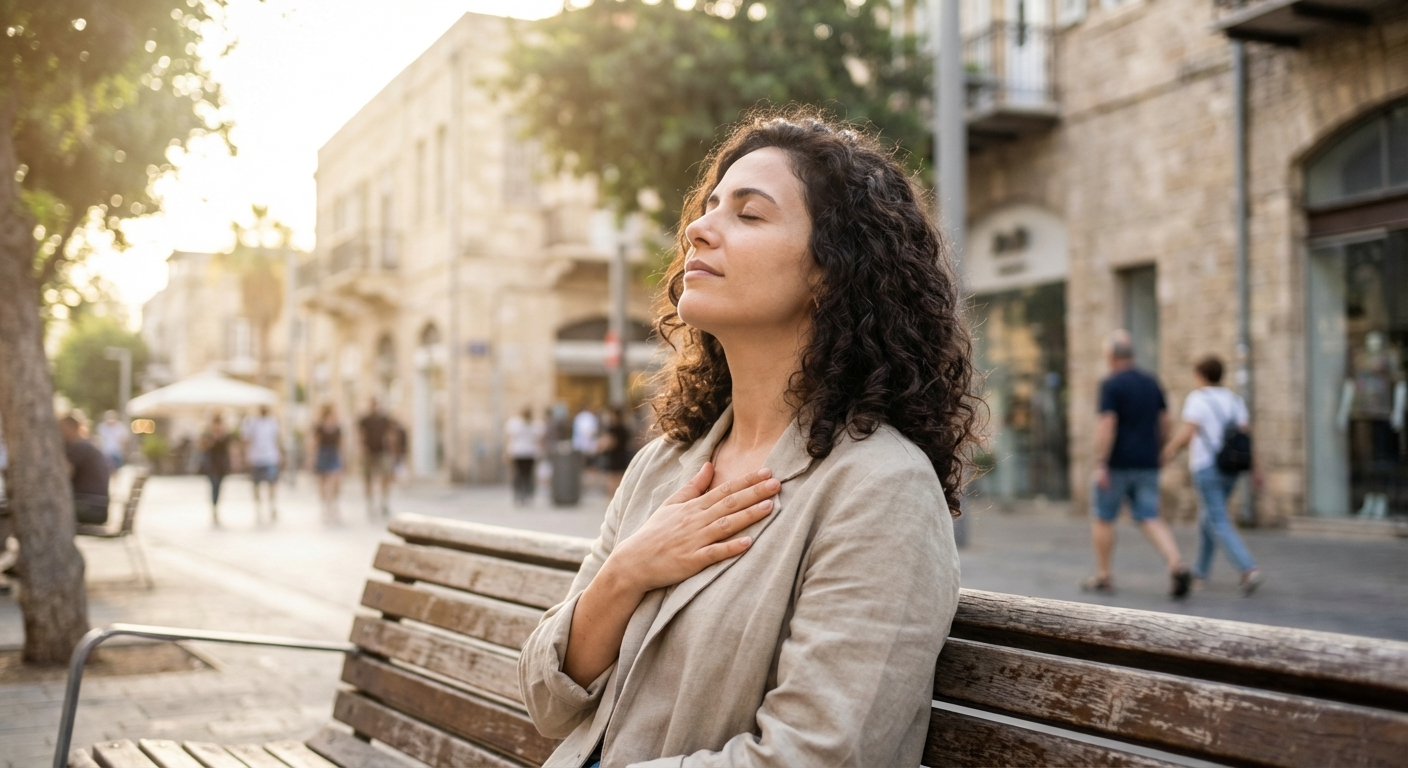 אישה ישראלית צעירה יושבת על ספסל ברחוב, מניחה יד על הלב ונושמת לאט