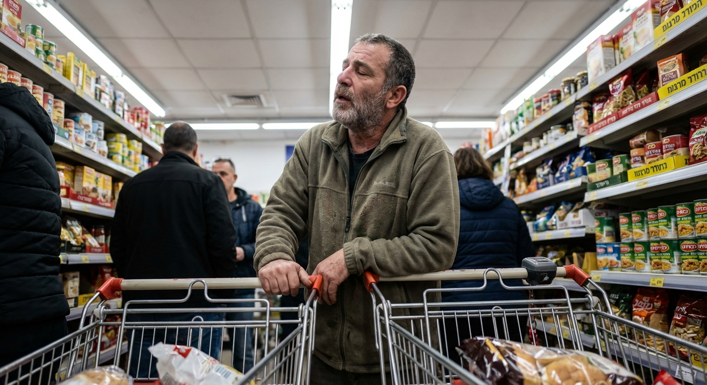 גבר ישראלי עומד בסופרמרקט ליד מדפים, מחזיק עגלה, נושם עמוק עם מבט לחוץ, אור פלורסנט טבעי