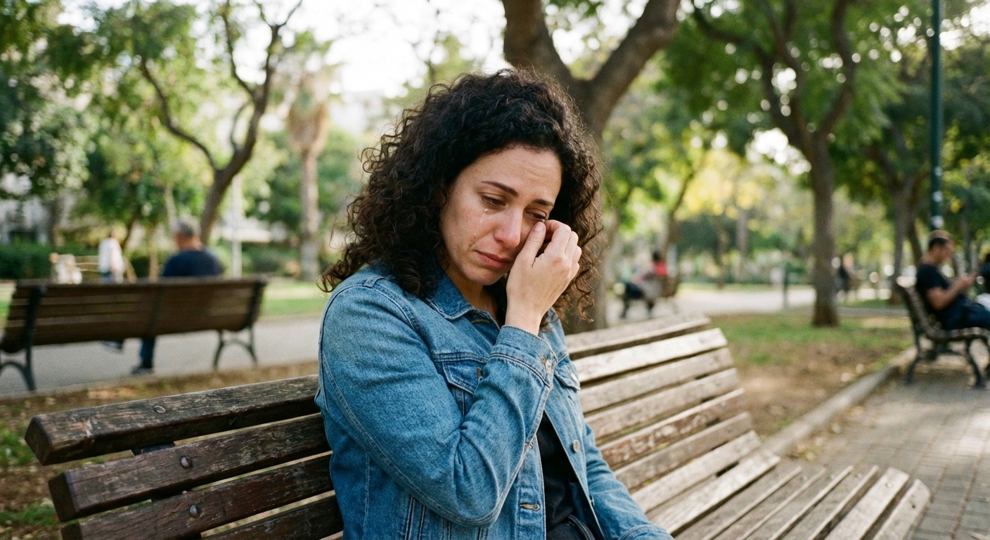 אישה ישראלית צעירה יושבת על ספסל בפארק, מנגבת דמעה עם יד, הבעה רגישה