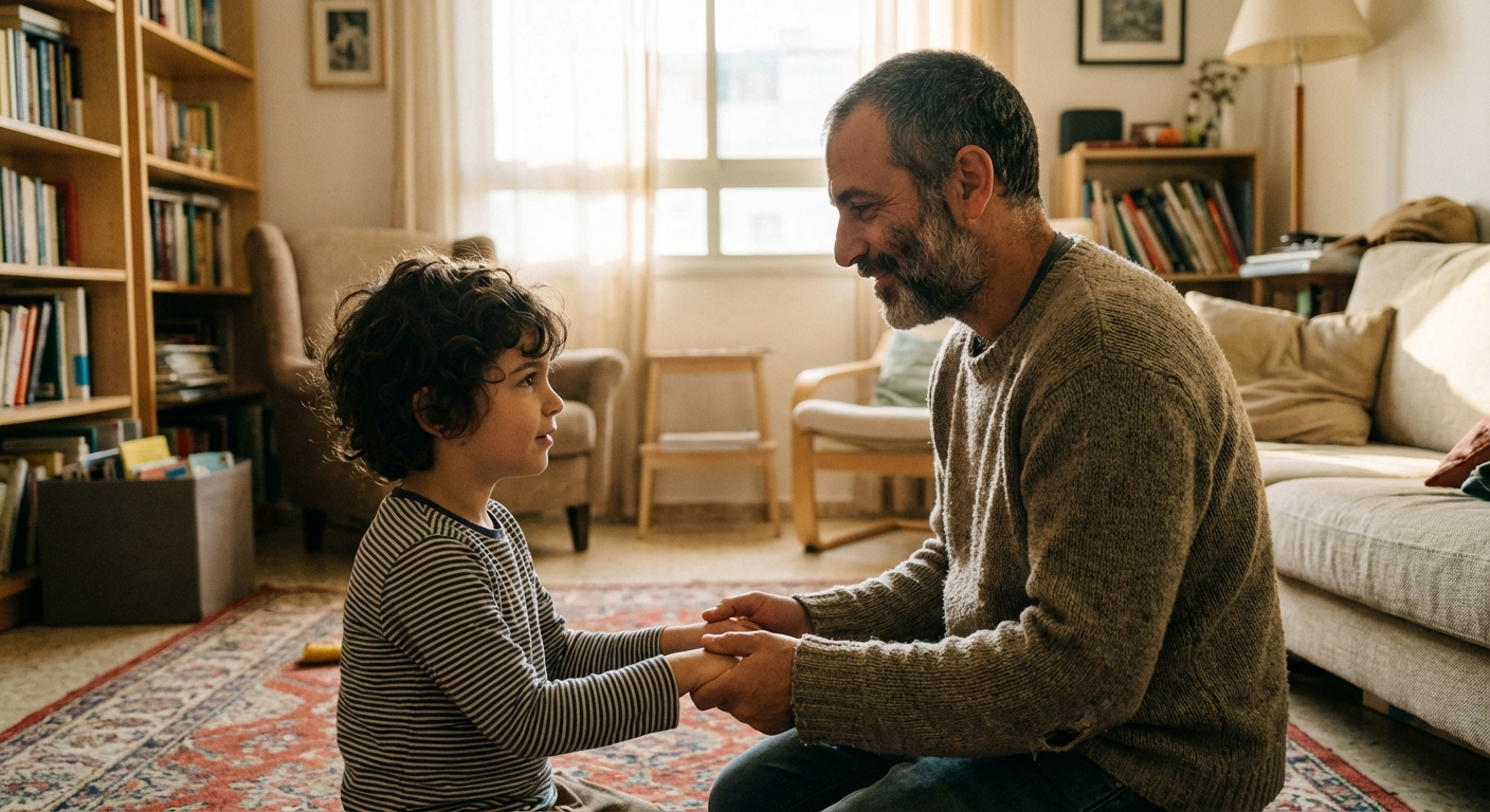 הורה ישראלי כורע ברך ליד ילד קטן, מחזיק את ידיו בעדינות, מבט רגוע ותומך