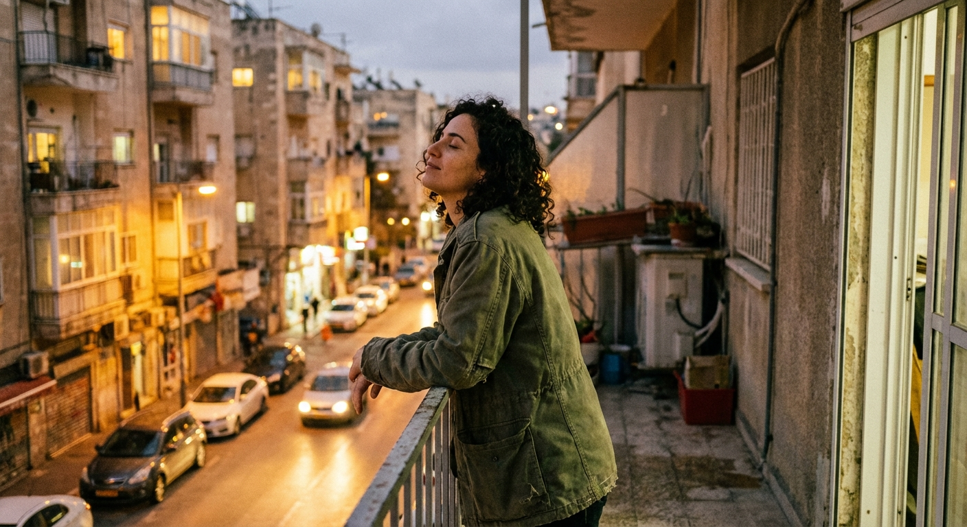 אישה ישראלית עומדת במרפסת עירונית בשעת ערב, עוצמת עיניים ונושמת עמוק, אור רחוב חמים