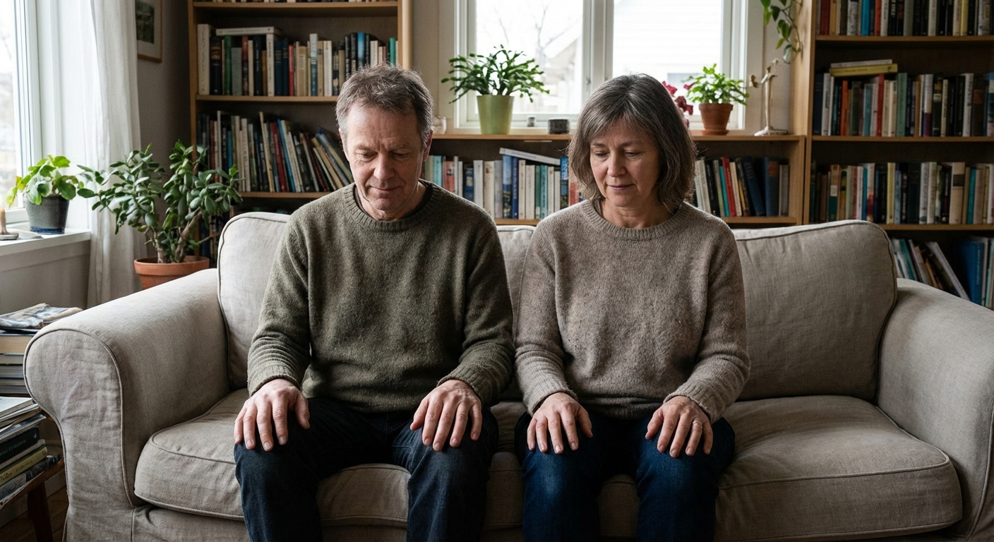 זוג יושב זה לצד זו על ספה, ידיהם קרובות אך לא נוגעות, אור רך מחלון