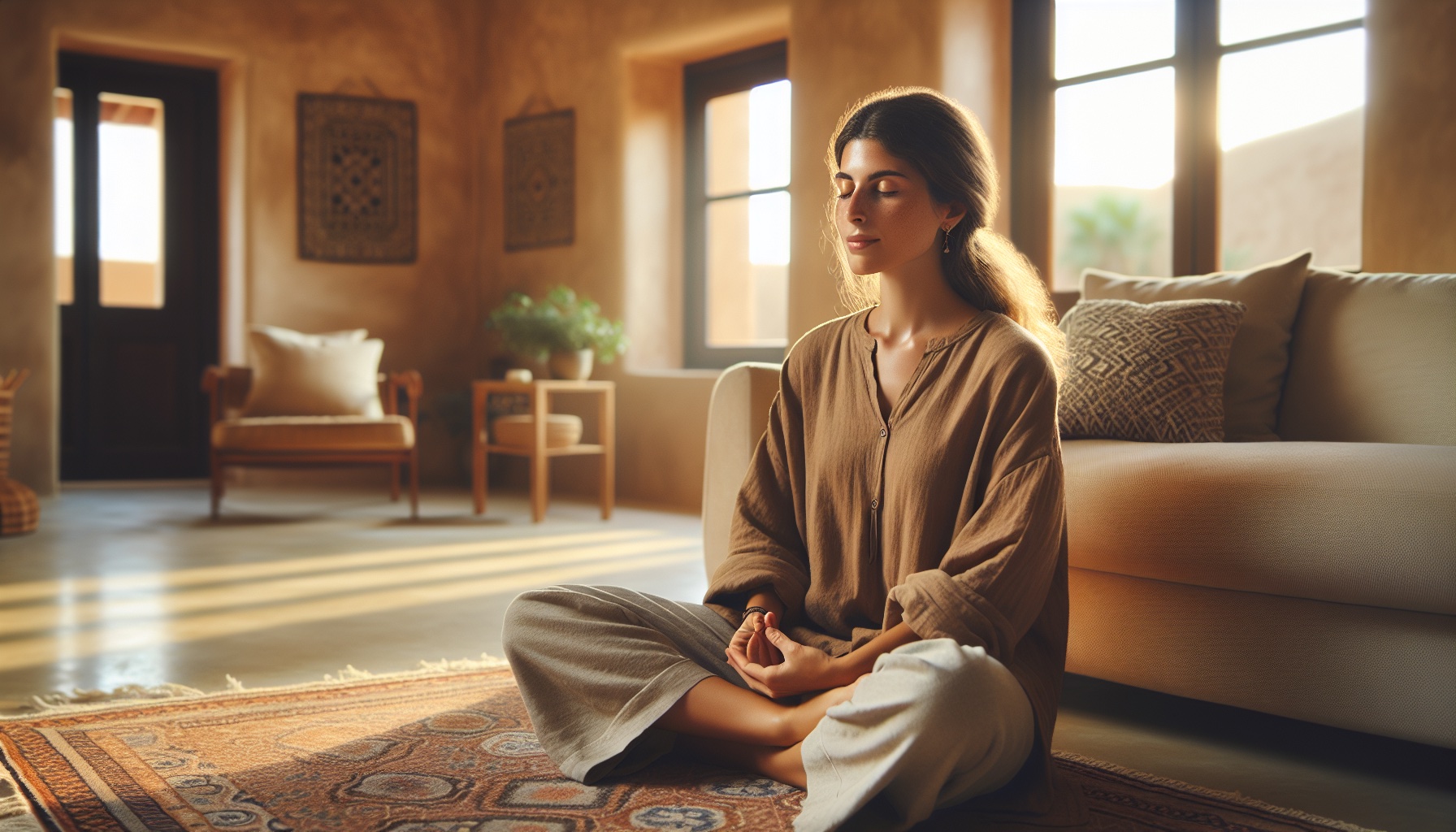 אישה ישראלית צעירה יושבת על שטיח ביתי עם עיניים עצומות, ידיים על הבטן, אור טבעי רך