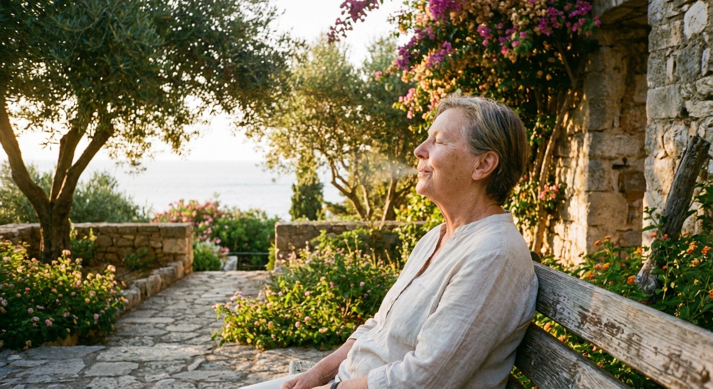 אדם יושב על ספסל בפארק שקט ונושם לעומק כדי להירגע מתחושת חולשה ברגליים