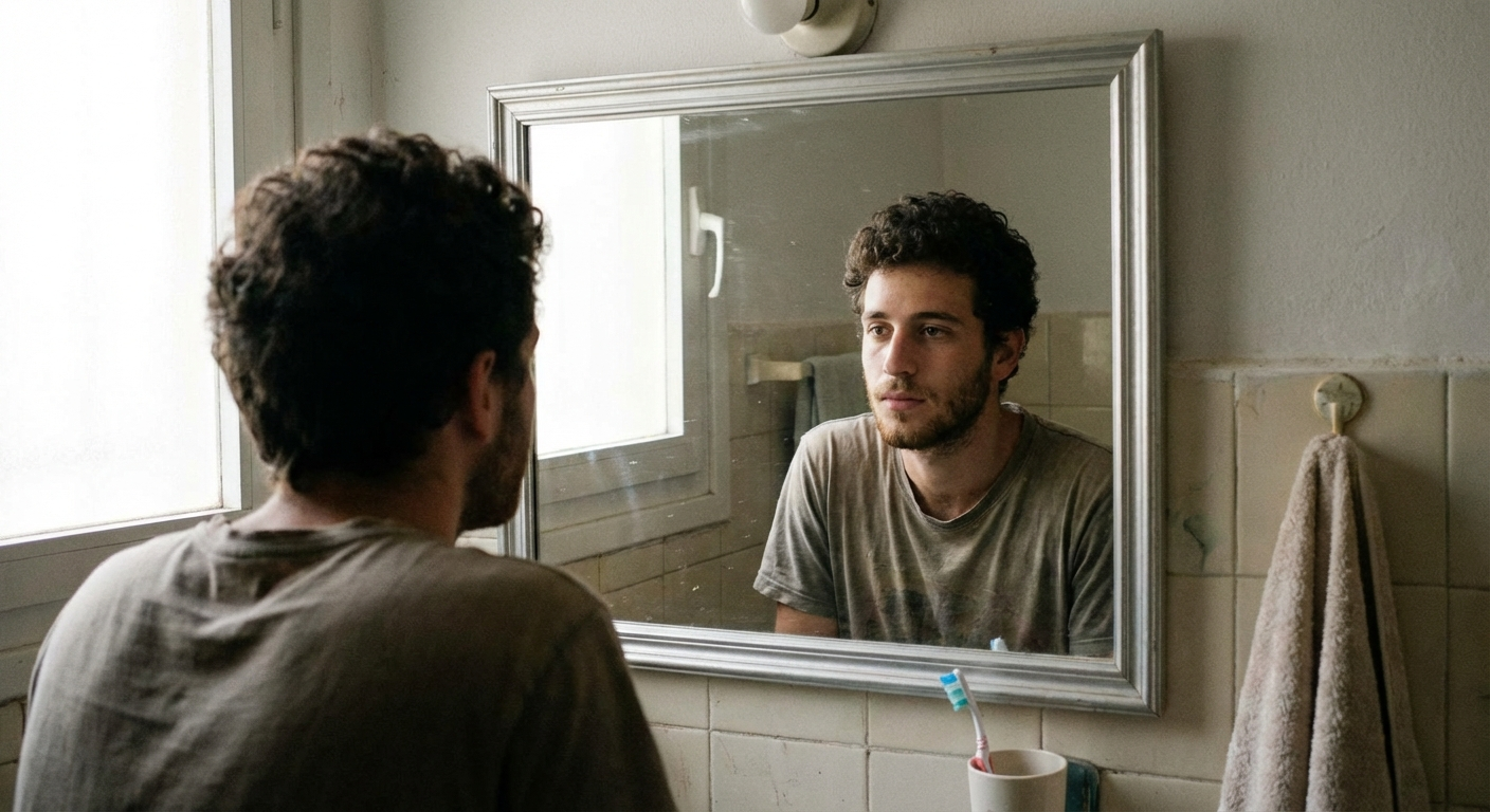 אדם צעיר ישראלי עומד מול מראה עם הבעה מהורהרת, תאורה רכה טבעית, חדר ביתי פשוט