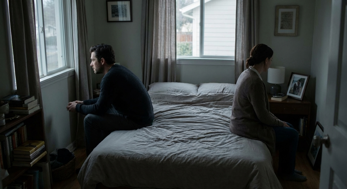 זוג ישראלי יושב על מיטה, כל אחד פונה לכיוון אחר, אווירה שקטה ומתוחה