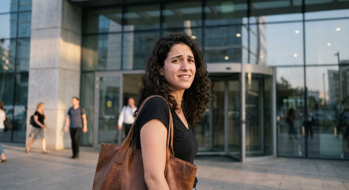 אישה ישראלית צעירה עומדת ליד דלת משרד עם תיק עבודה, מבט מעורב של נחישות ורגש