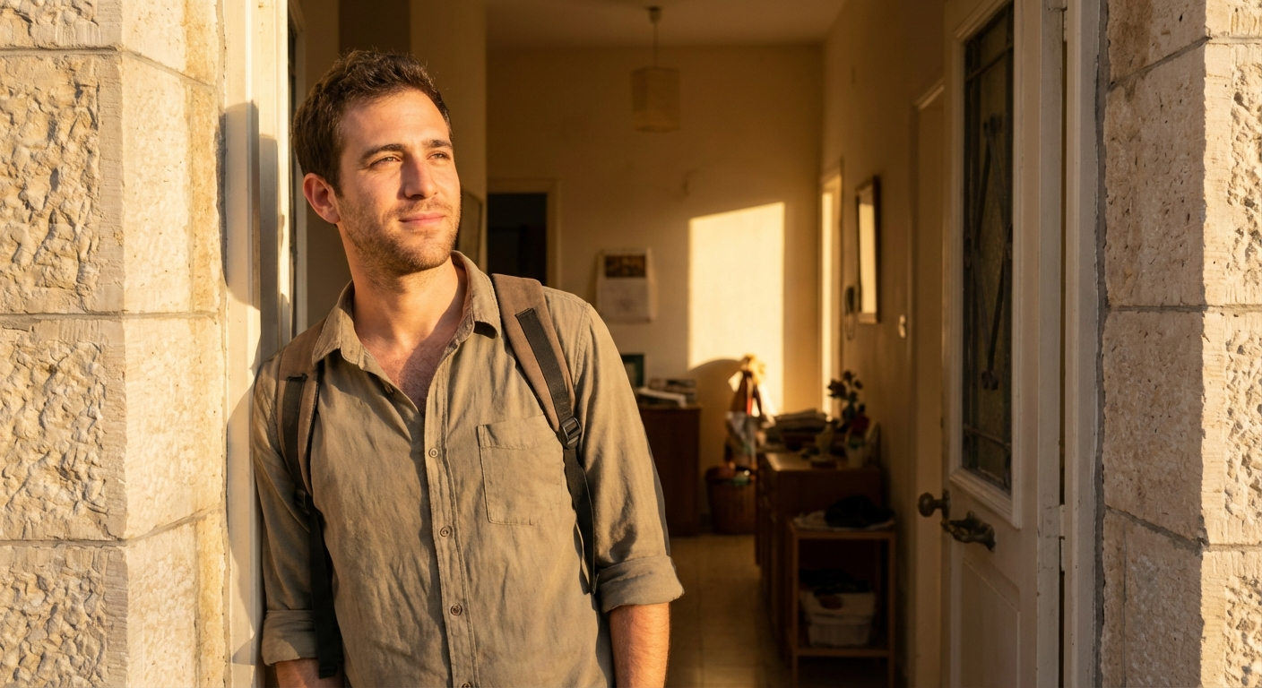 אדם צעיר עומד בכניסה לבית ומביט פנימה, תאורת בוקר רכה