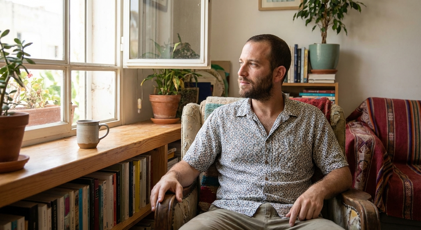 גבר ישראלי בשנות ה-30 יושב ליד חלון פתוח באור טבעי, נראה מתבונן ורגוע