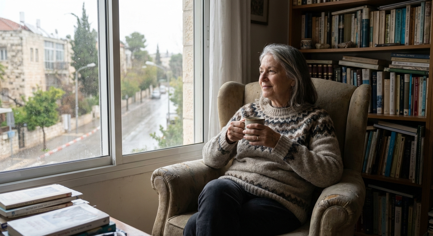 אישה ישראלית יושבת על כורסה עם ספל תה, מביטה בחלון עם הבעה רגועה ומקבלת