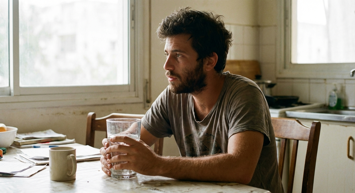 גבר ישראלי צעיר יושב במטבח בבוקר עם כוס מים, נראה עייף ולוקח נשימה עמוקה