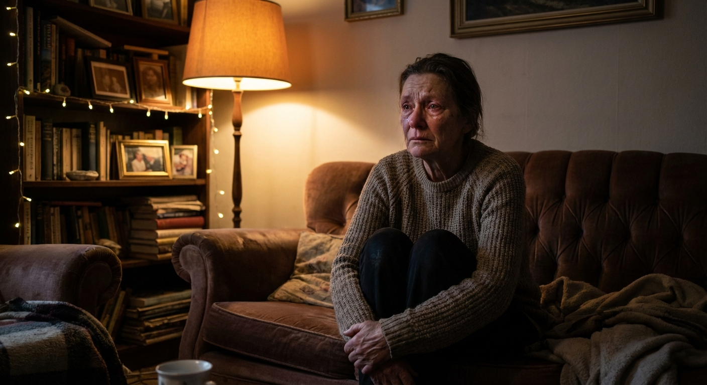 אדם יושב לבד על ספה בחדר שקט, מביט קדימה בעיניים עמוקות