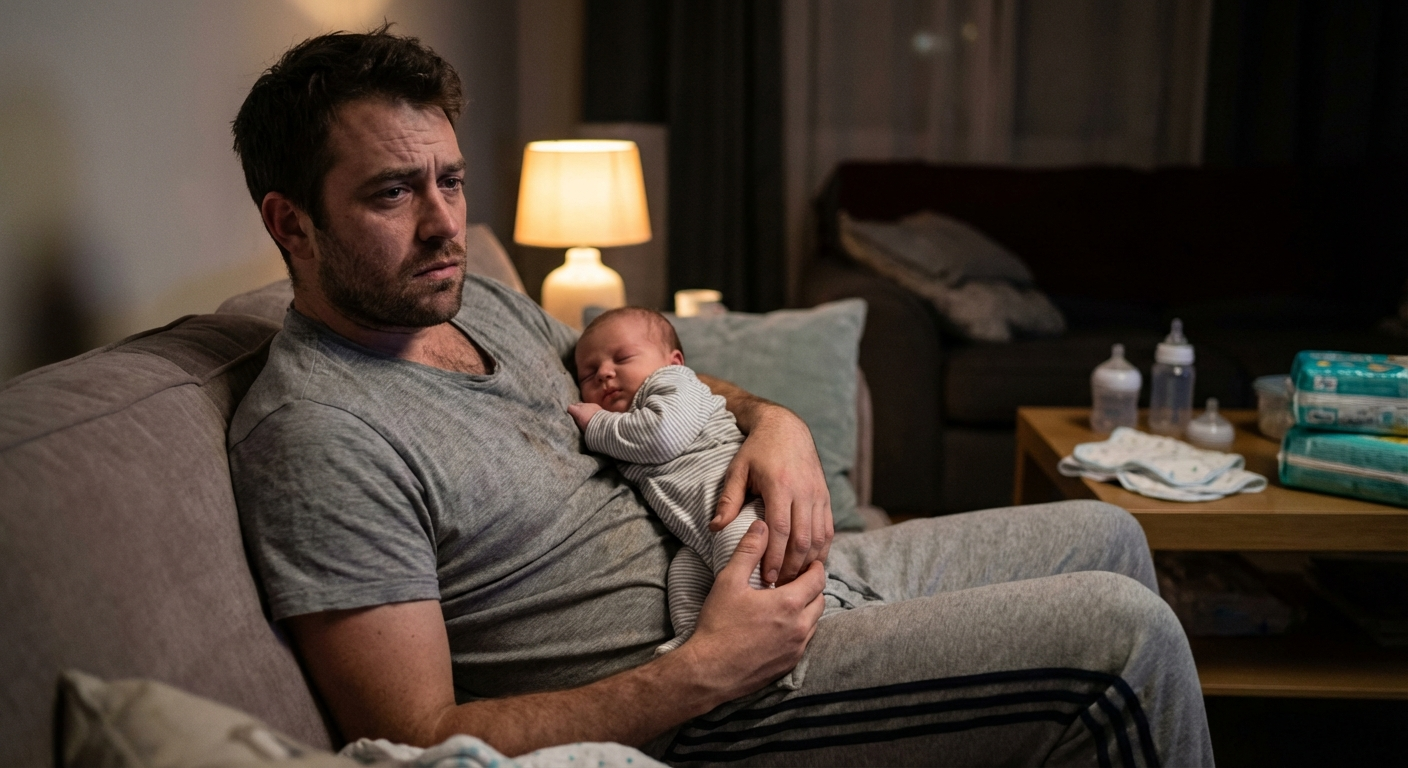 אב ישראלי צעיר יושב על ספה בסלון, מחזיק תינוק ישן ונראה עייף ומודאג