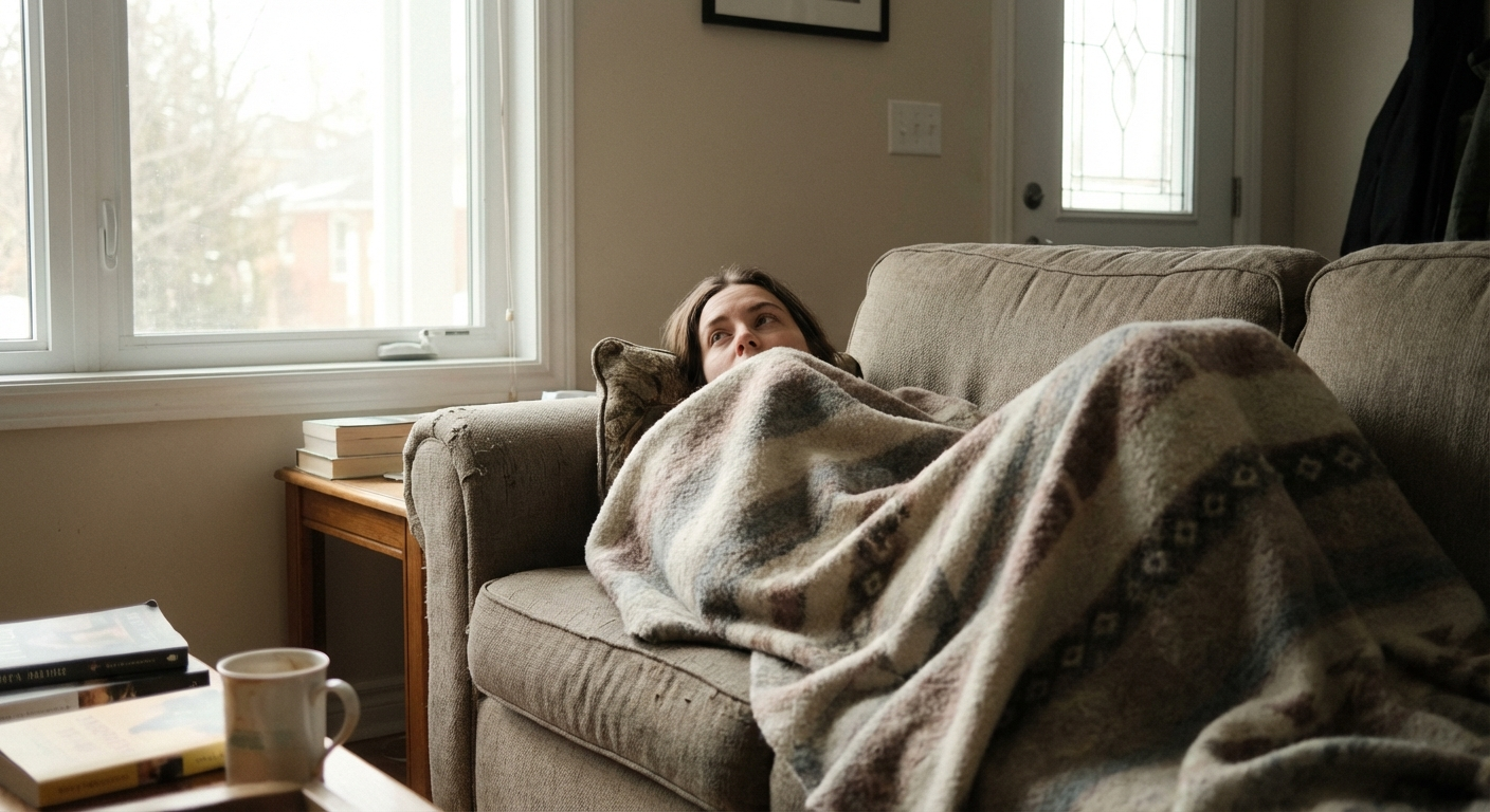 אדם שוכב על ספה בבית, שמיכה עליו, מביט לתקרה במחשבה, אור יום רך מהחלון