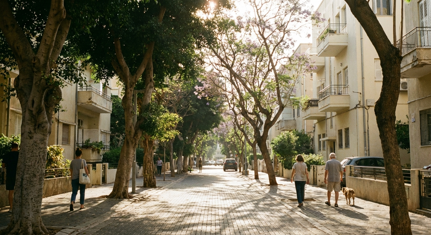 רחוב עירוני ישראלי שקט עם אור בוקר, עצים ואנשים הולכים ברקע