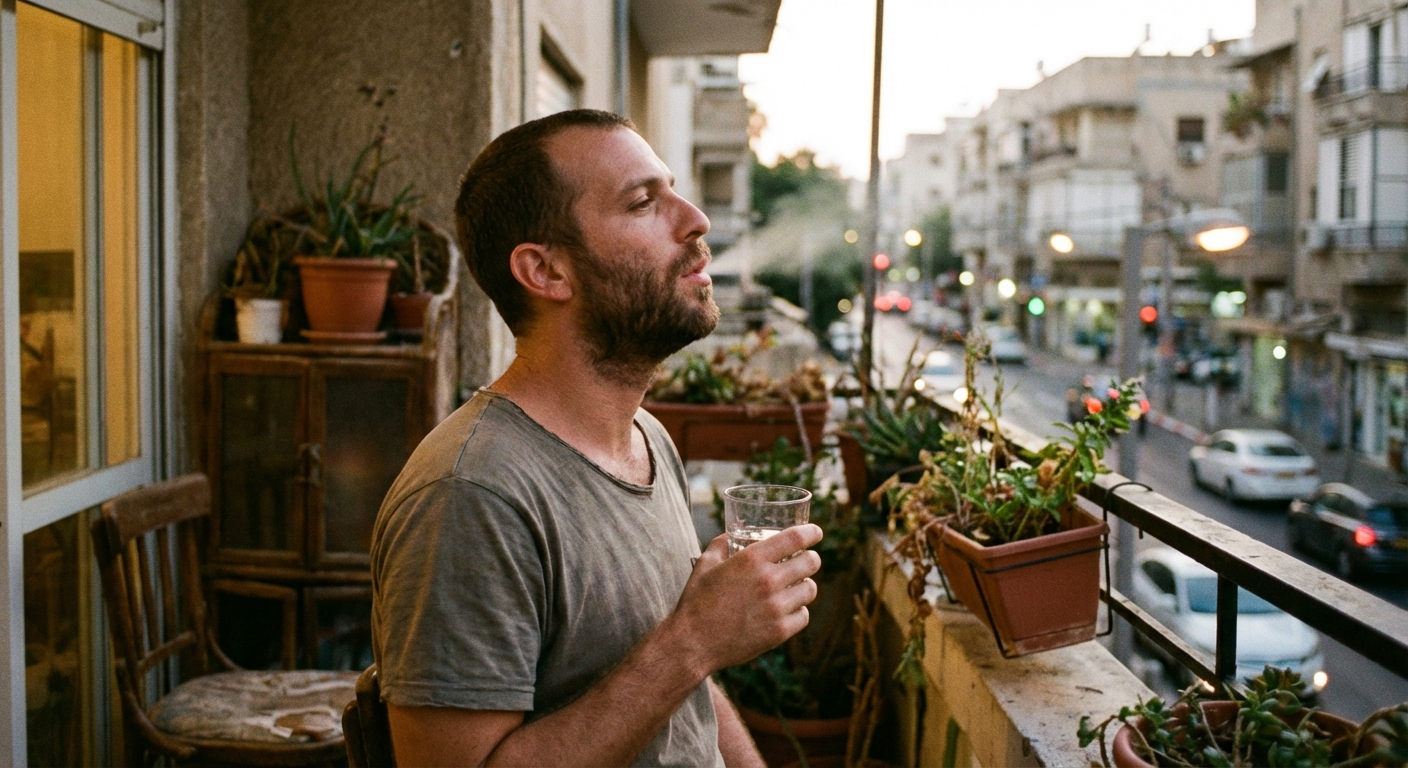 גבר ישראלי צעיר יושב במרפסת בערב, מחזיק כוס מים ונושם עמוק, מבט מודאג שנרגע