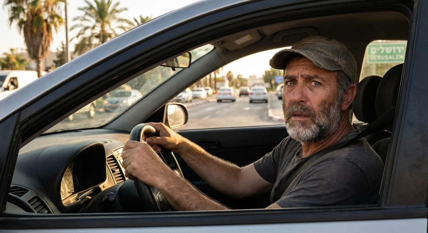 אדם ישראלי יושב ברכב חונה עם ידיים על ההגה ומביט קדימה בחשש, כביש ישראלי מטושטש ברקע