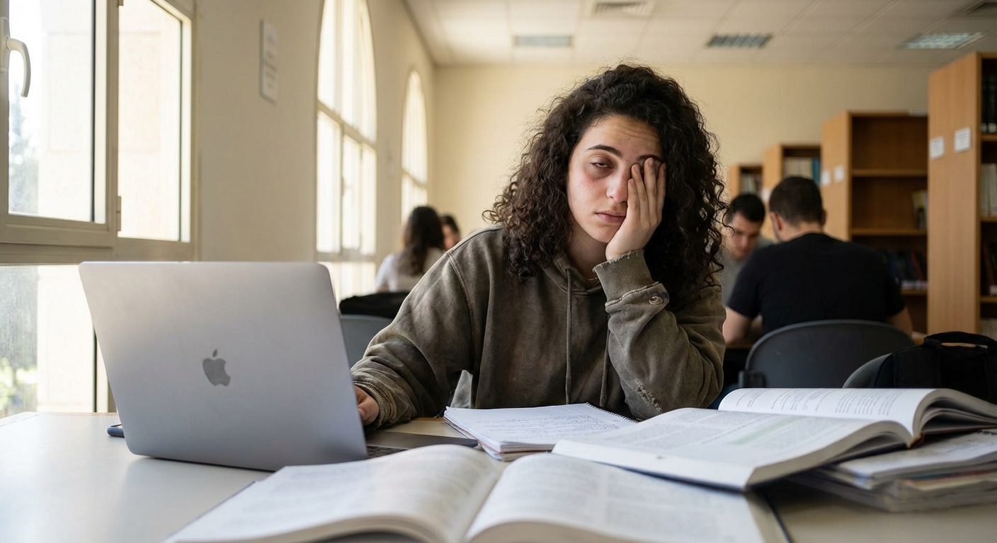 סטודנט ישראלי יושב בספרייה מוקף ספרים, נראה מותש ומודאג, תאורה טבעית