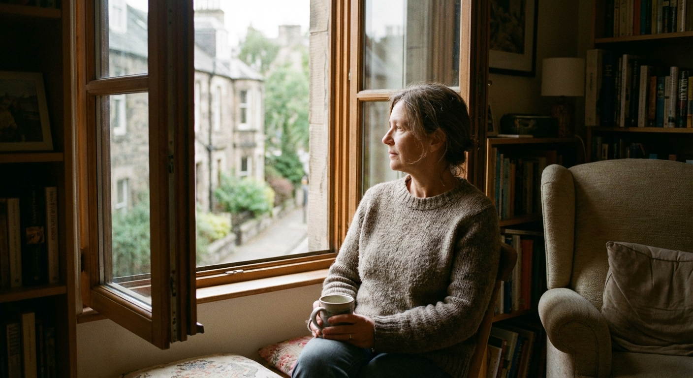 אישה בגיל העמידה יושבת ליד חלון פתוח, מביטה החוצה בהרהור, אור בוקר רך