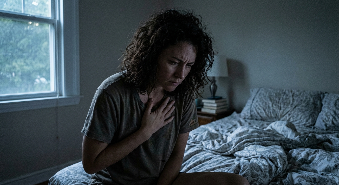 אישה ישראלית צעירה יושבת על מיטה בחדר חשוך, אור רך מהחלון, מביטה לצד עם הבעה מודאגת